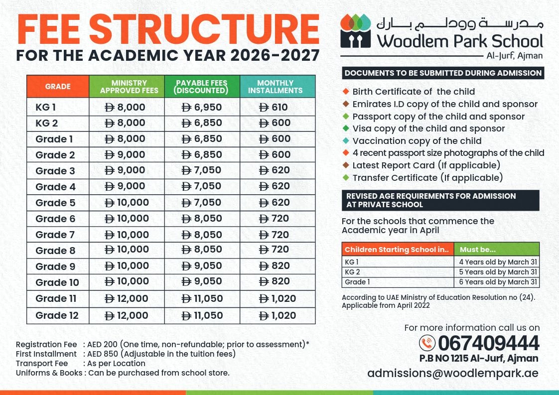 Woodlem Park School Al Jurf official fee structure chart