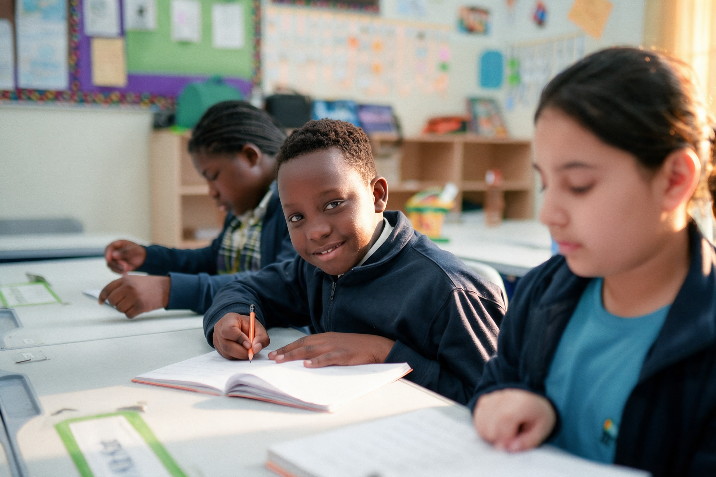 Smiling student writing in class at Woodlem Park School Al Jurf